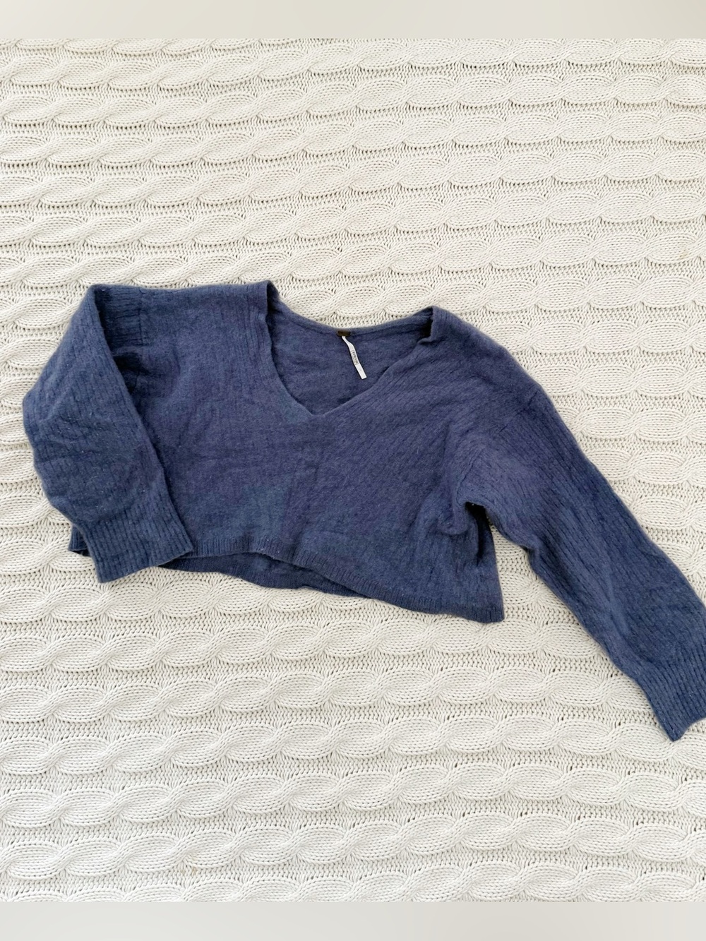 Free People Cropped V-Neck Knit Sweater - Navy Blue